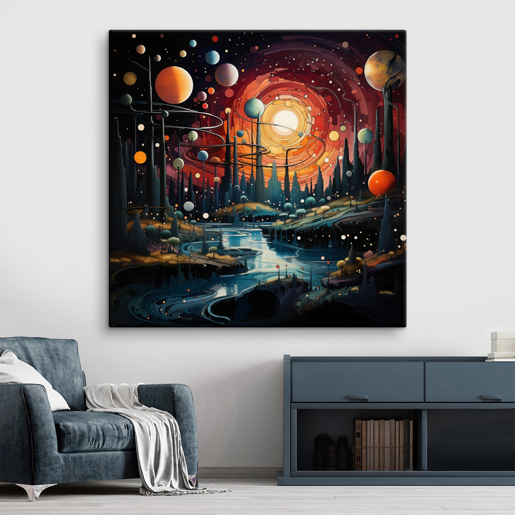 Landscape with trees and planets Landscape with trees and planets