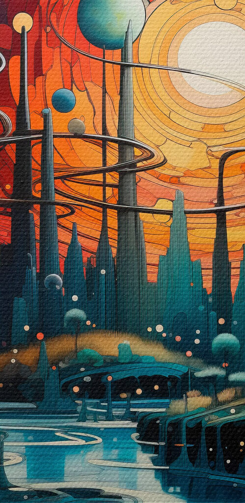 Landscape with trees and planets Landscape with trees and planets