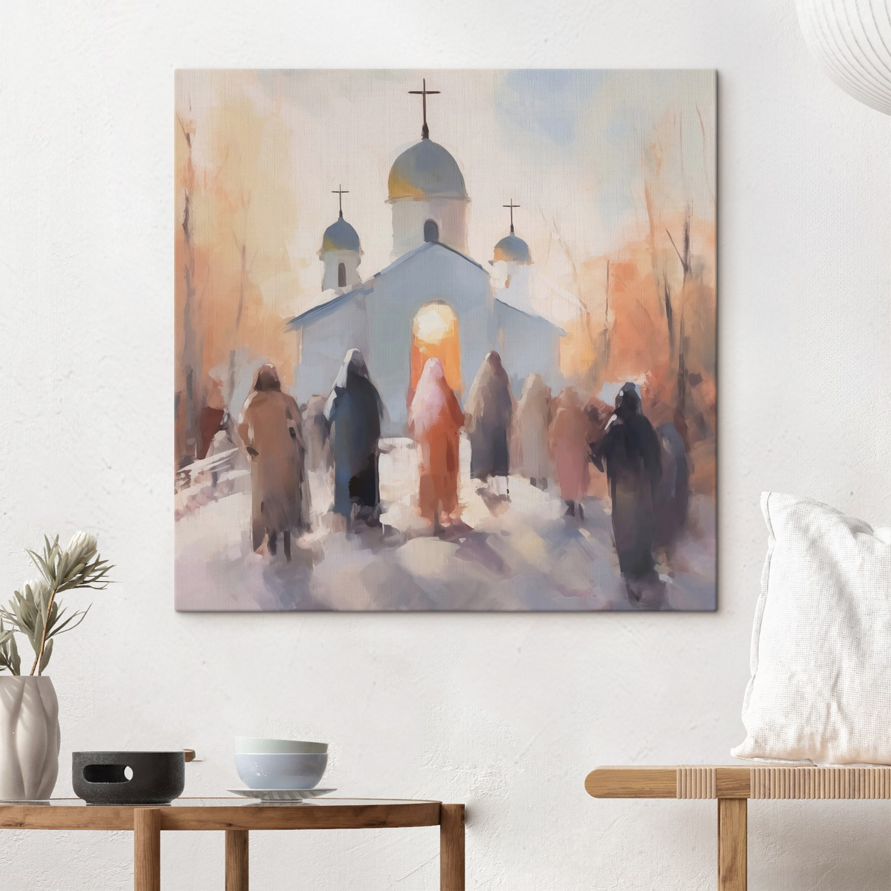 Group of people walking in front of a church Group of people walking in front of a church