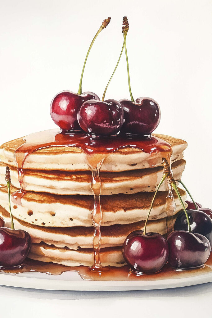 Stack of pancakes with cherries on top Stack of pancakes with cherries on top