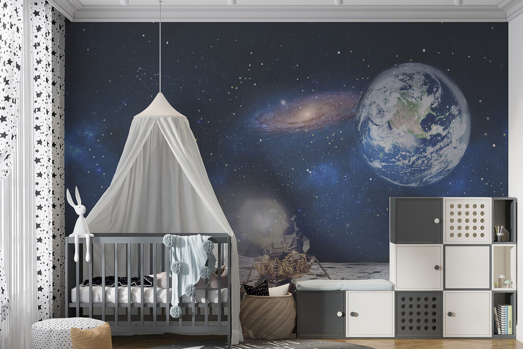 Moon with a planet and stars and a planet in the background