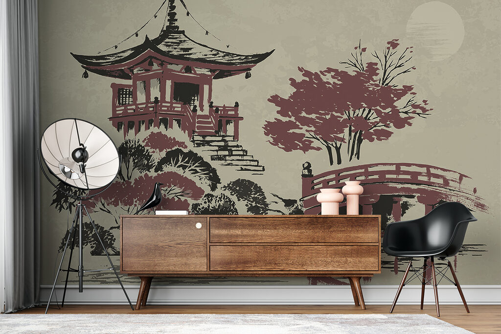 A painting of a pagoda and a bridge