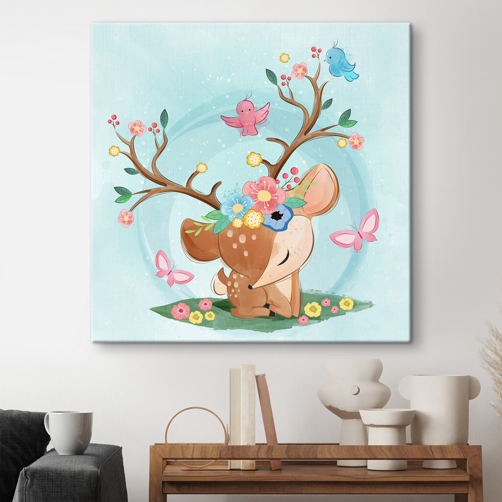 A cartoon deer with flowers and birds A cartoon deer with flowers and birds