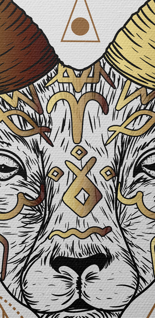 A drawing of a ram with a moon and stars