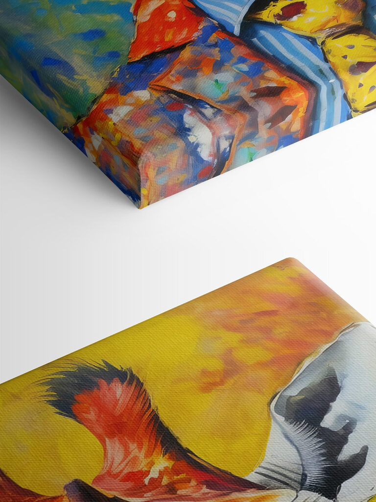 A painting of a giraffe wearing a shirt