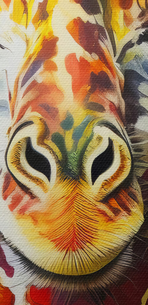 A painting of a giraffe wearing a shirt