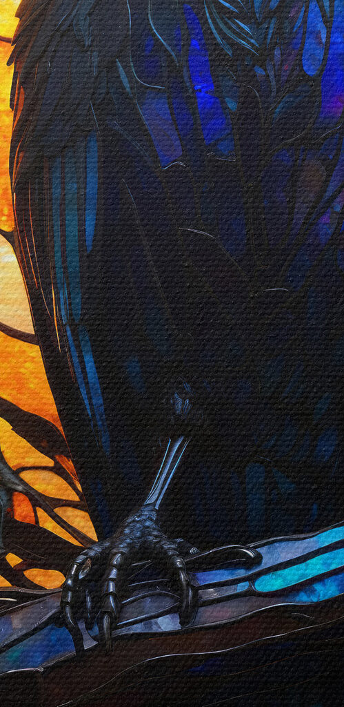 A stained glass window with a bird on a branch A stained glass window with a bird on a branch