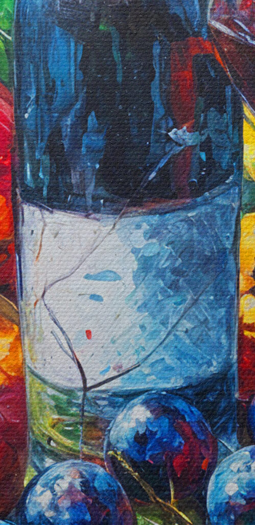 A painting of a wine bottle and fruit A painting of a wine bottle and fruit