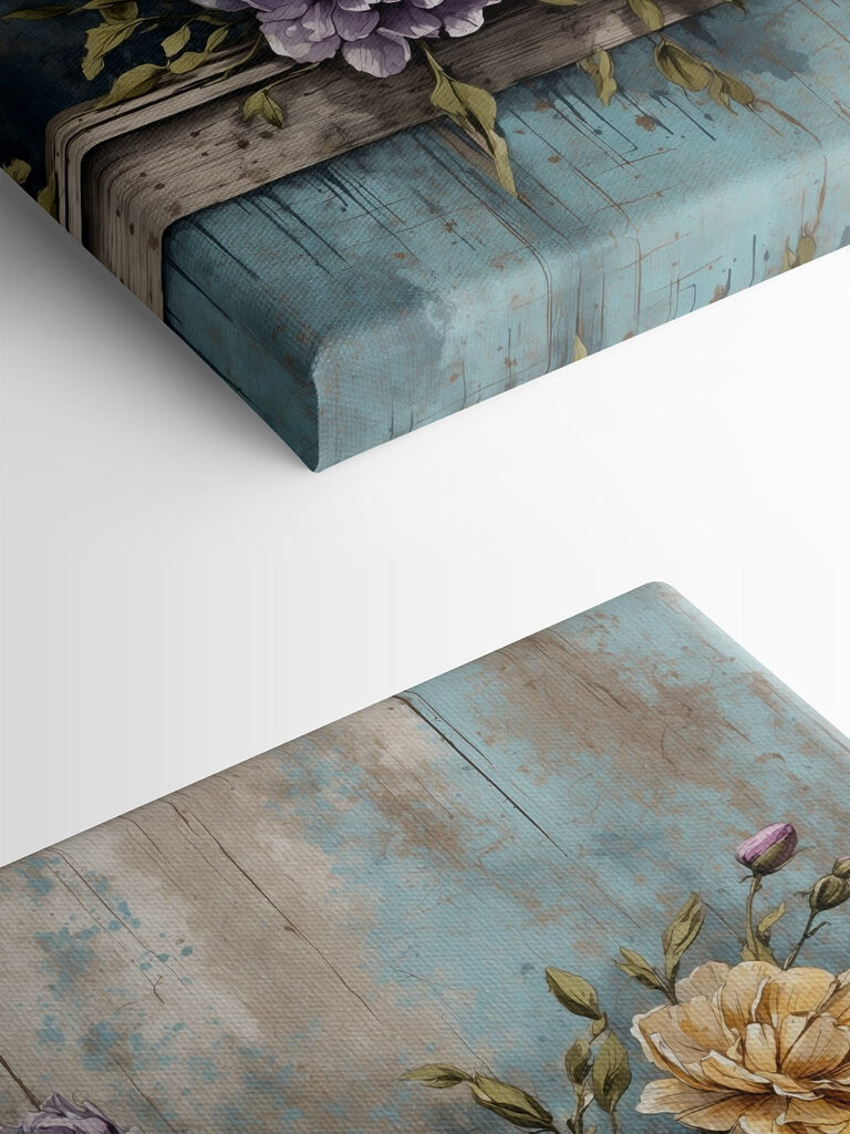 A painting of flowers on a wood ledge A painting of flowers on a wood ledge