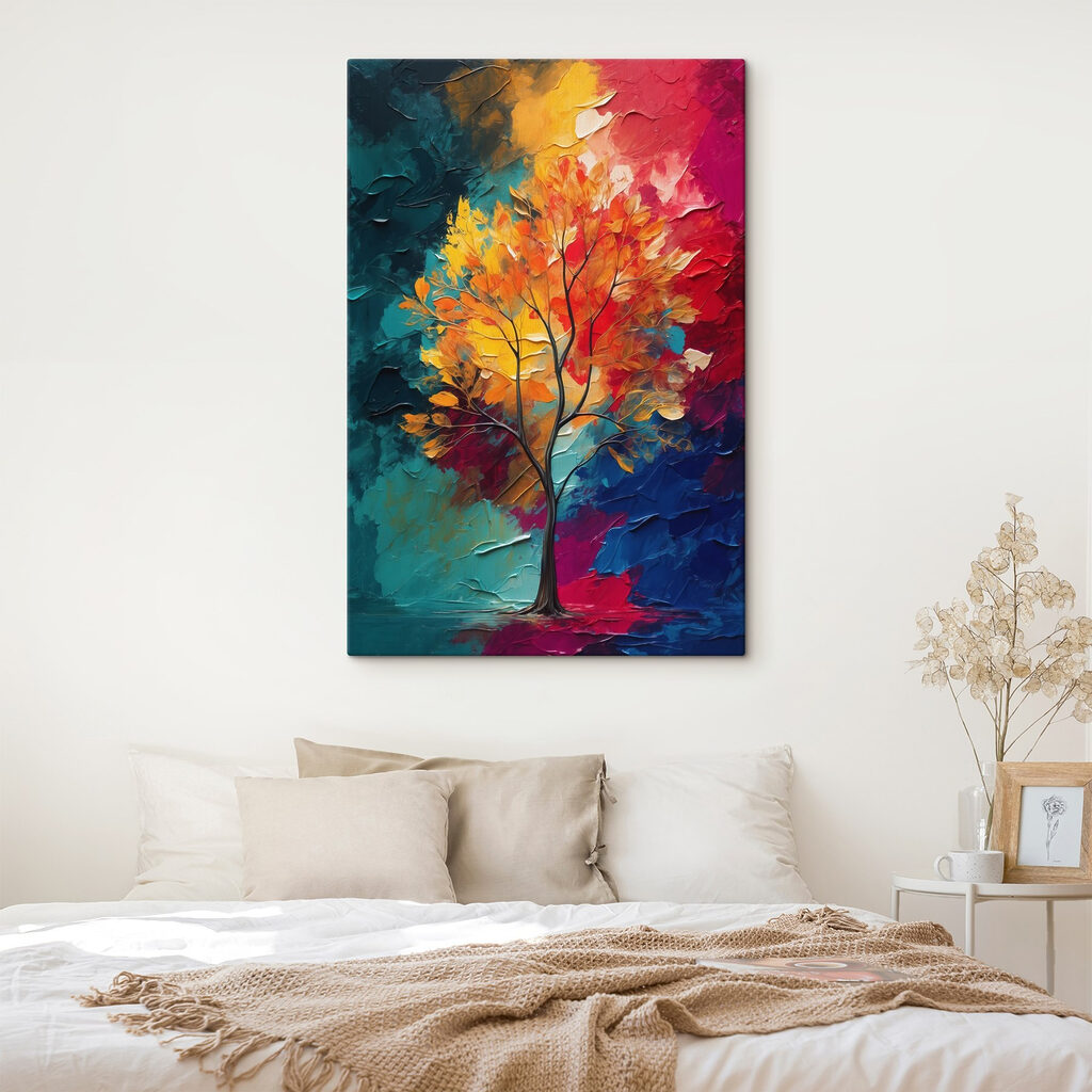Painting of a tree with orange and blue leaves Painting of a tree with orange and blue leaves