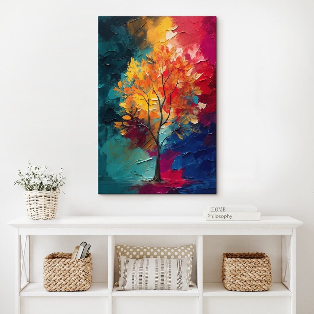 Painting of a tree with orange and blue leaves Painting of a tree with orange and blue leaves