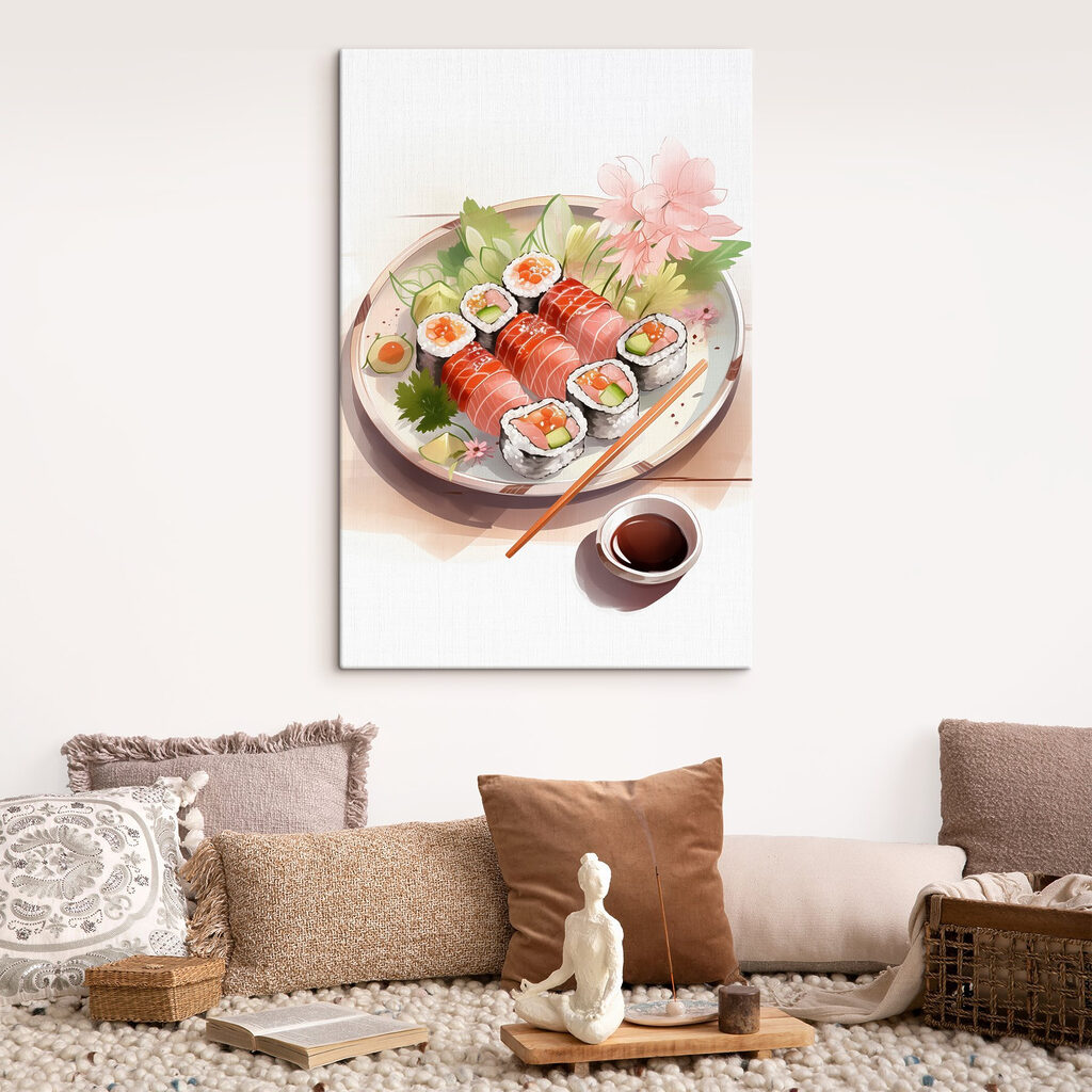 Plate of sushi with sauce and flowers