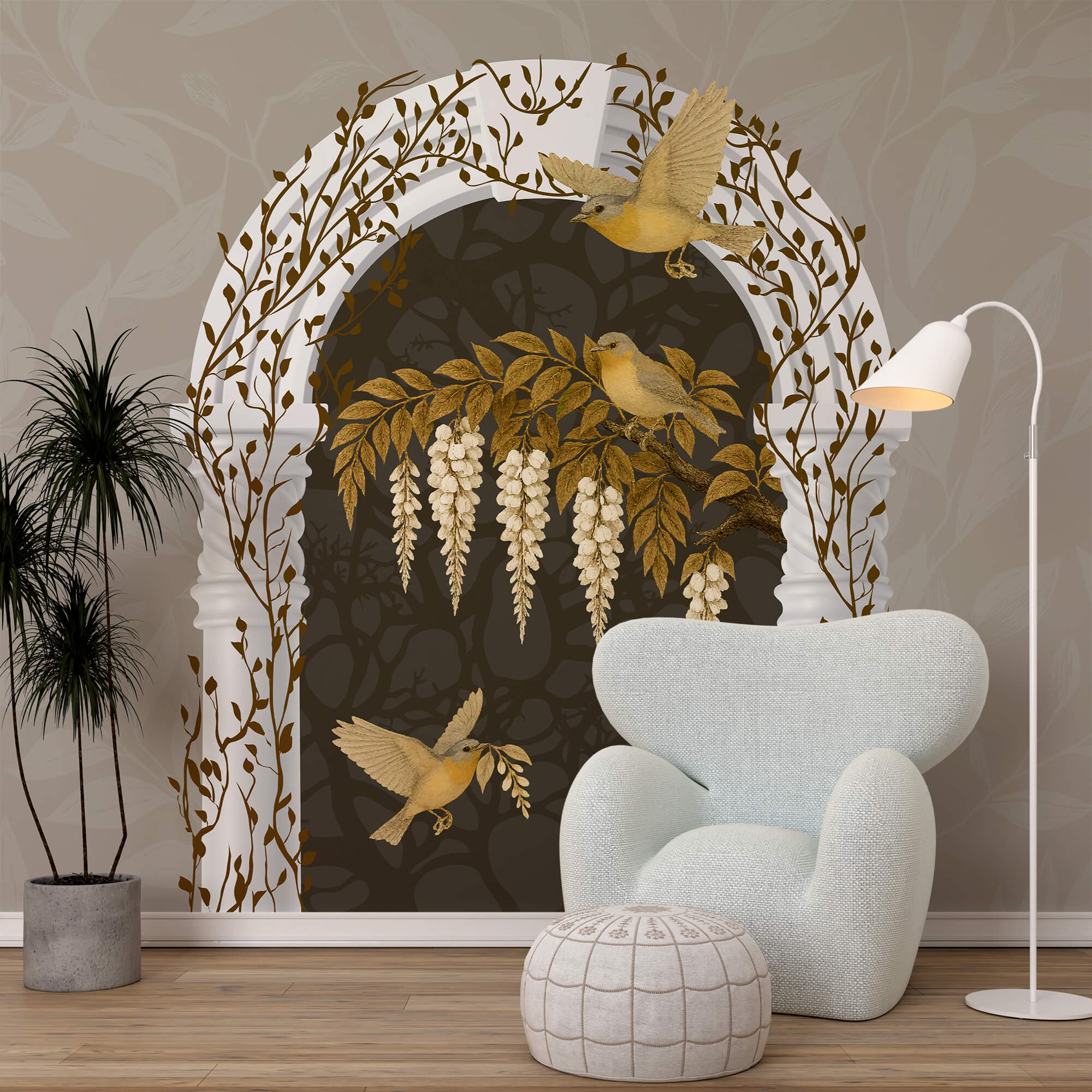 Biely oblúk s lietajúcimi vtákmi