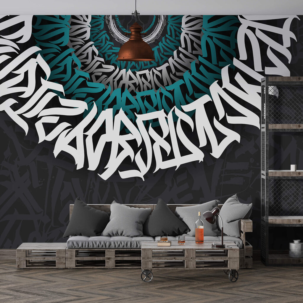 Biele a modré graffiti na čiernom pozadí Biele a modré graffiti na čiernom pozadí