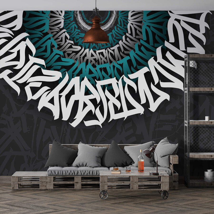 Biele a modré graffiti na čiernom pozadí