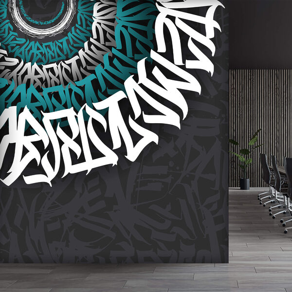Biele a modré graffiti na čiernom pozadí Biele a modré graffiti na čiernom pozadí
