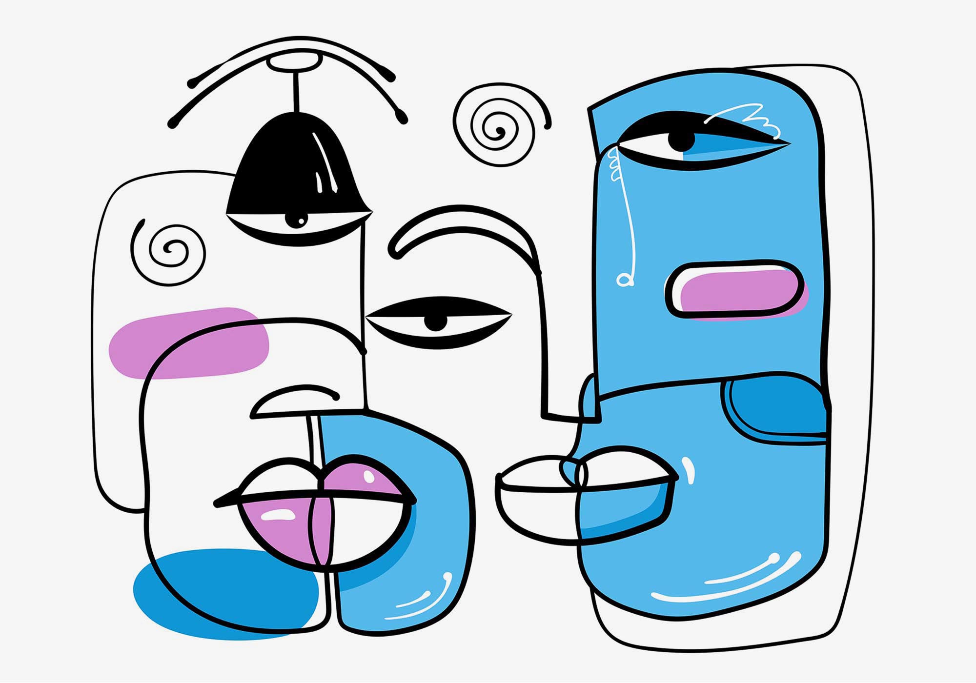 Group of faces drawn on a white background