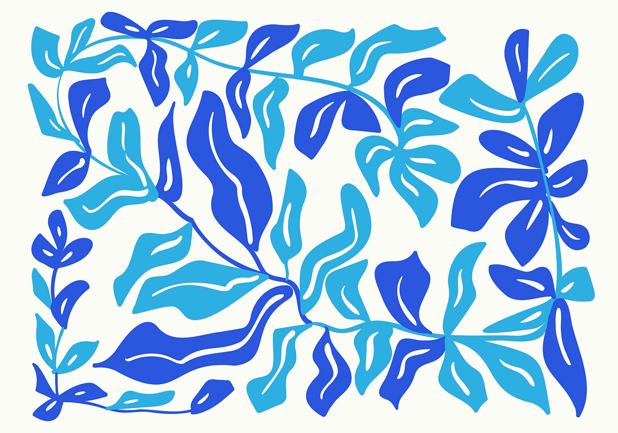 Blue and white drawing of leaves Blue and white drawing of leaves