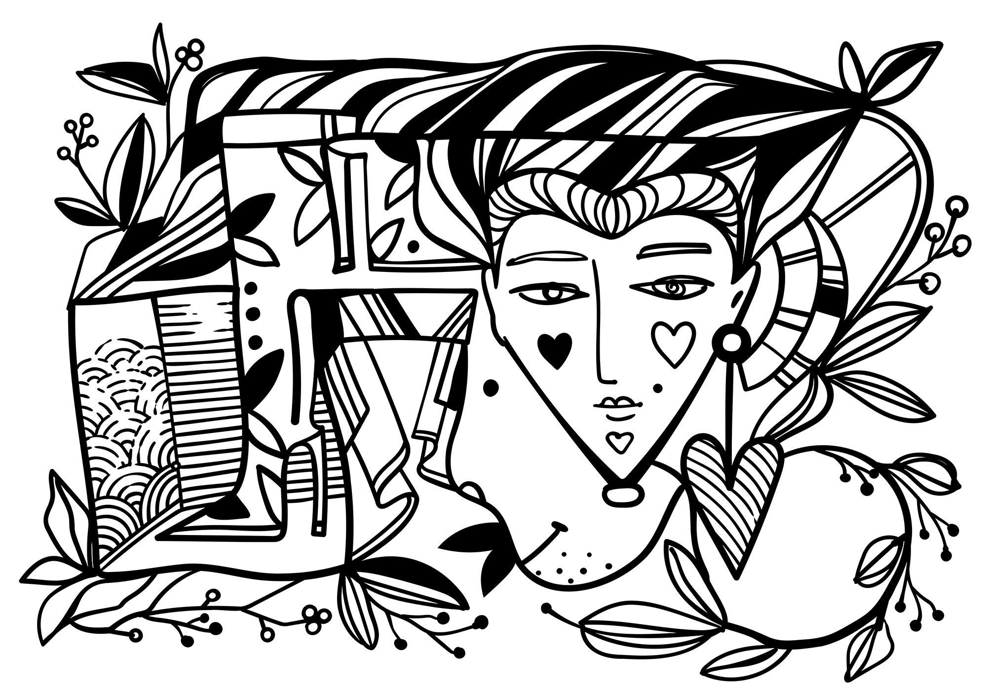 Black and white drawing of a person's face