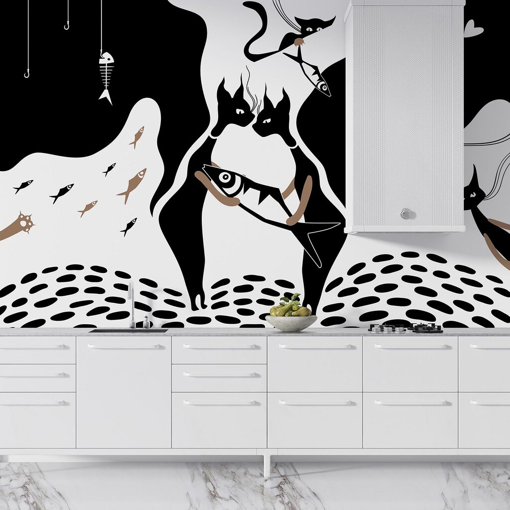 Čiernobiela mačka s rybami a rybami