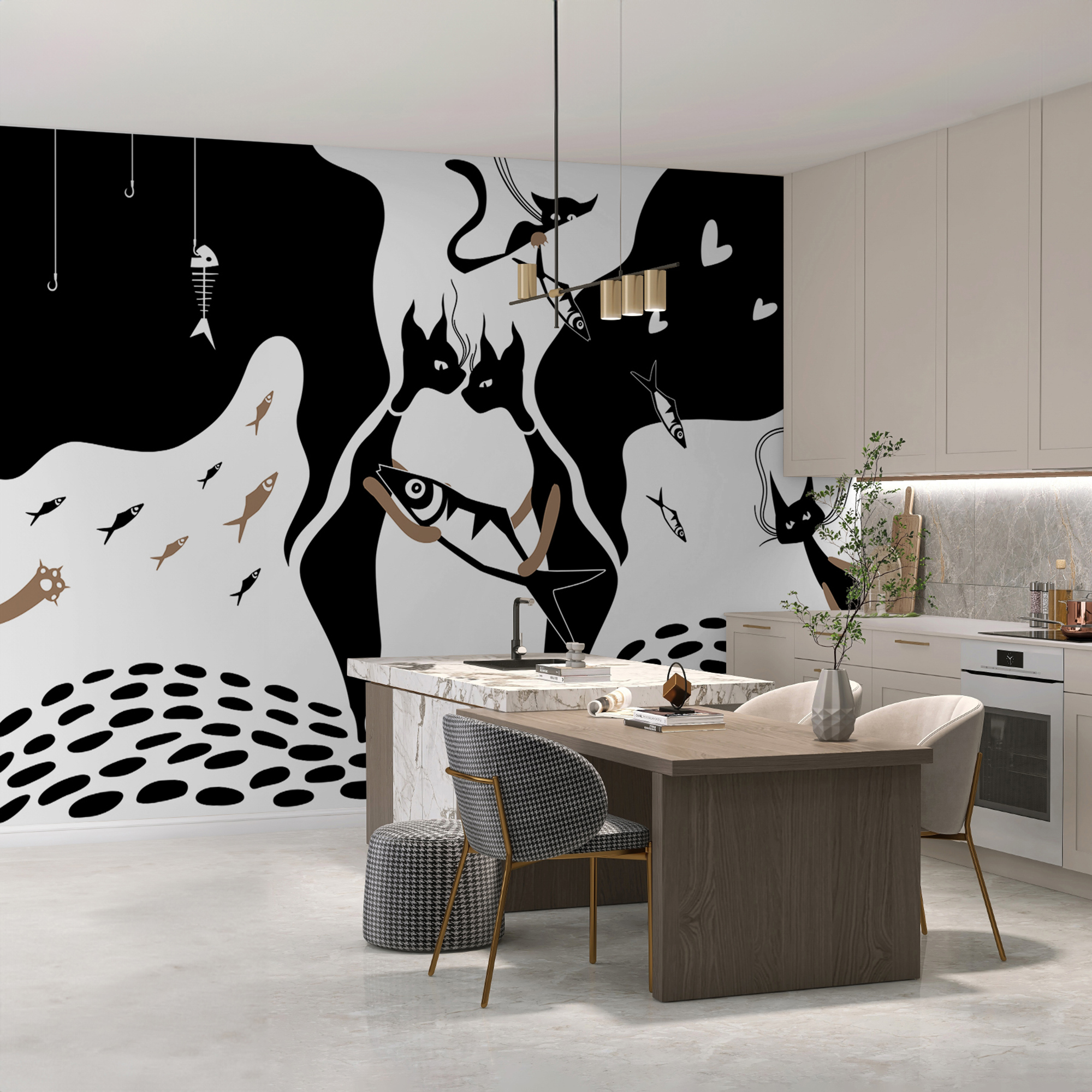 Čiernobiela mačka s rybami a rybami