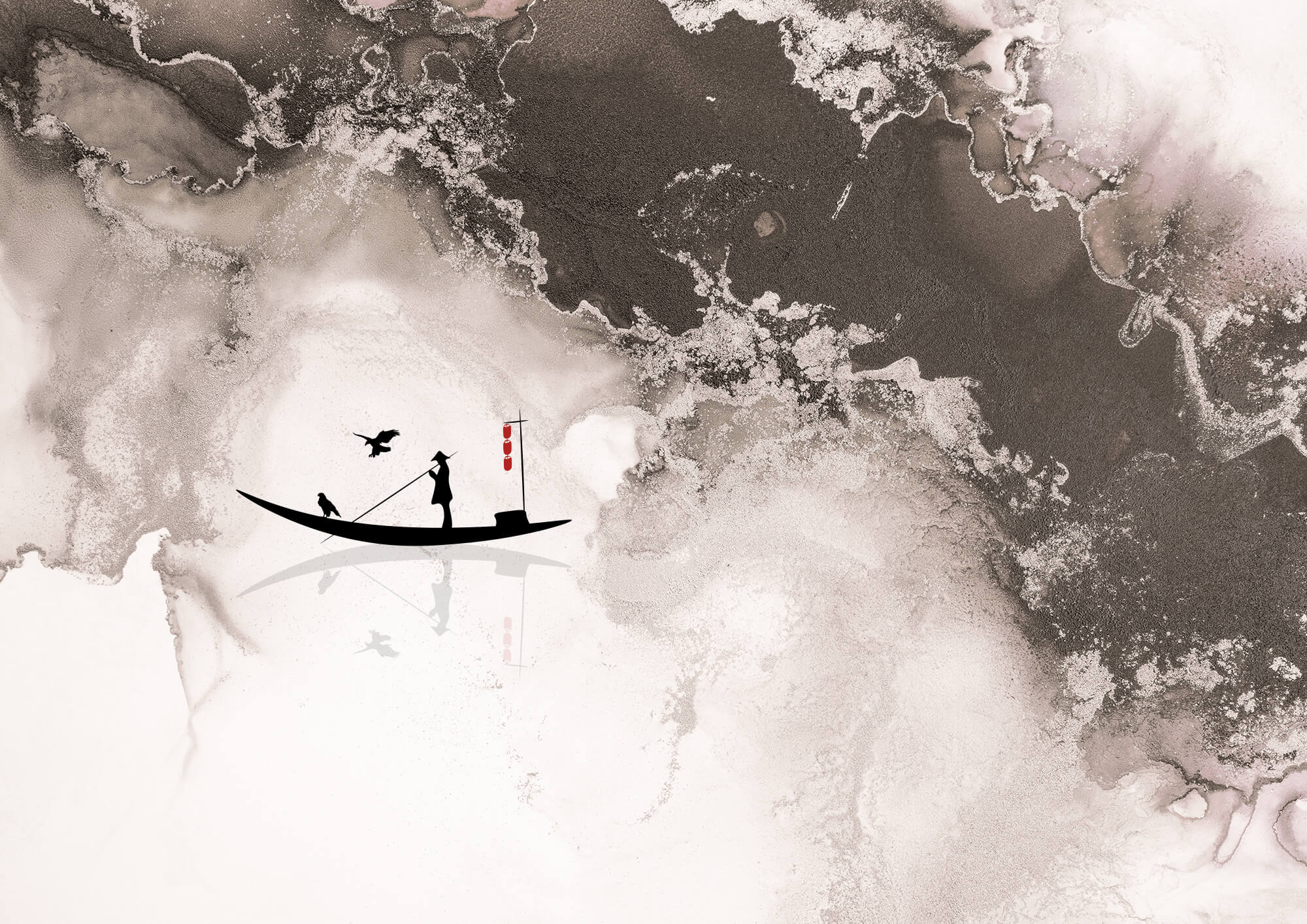 Silhouette of a man on a boat with a bird on it Silhouette of a man on a boat with a bird on it