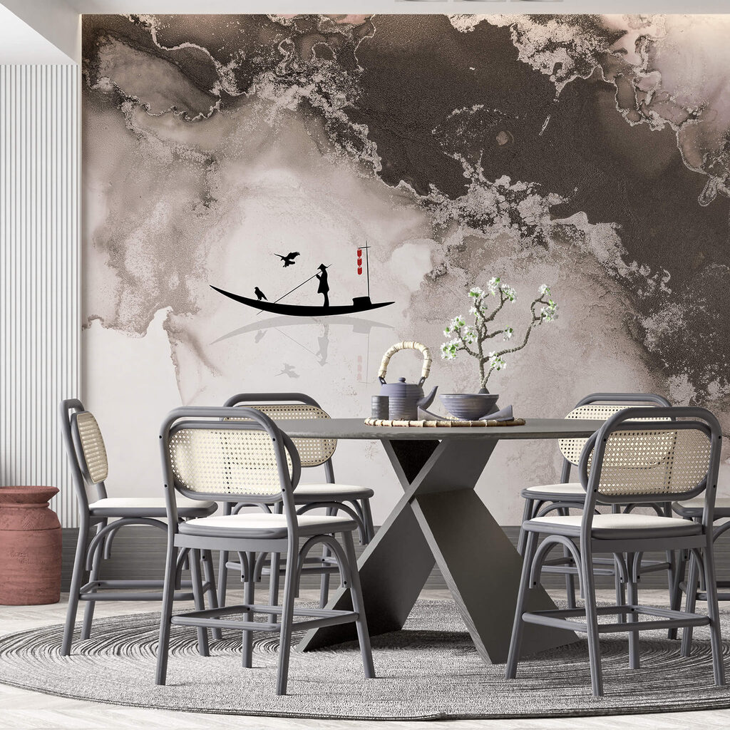 Silueta muža na lodi s vtákom Silueta muža na lodi s vtákom