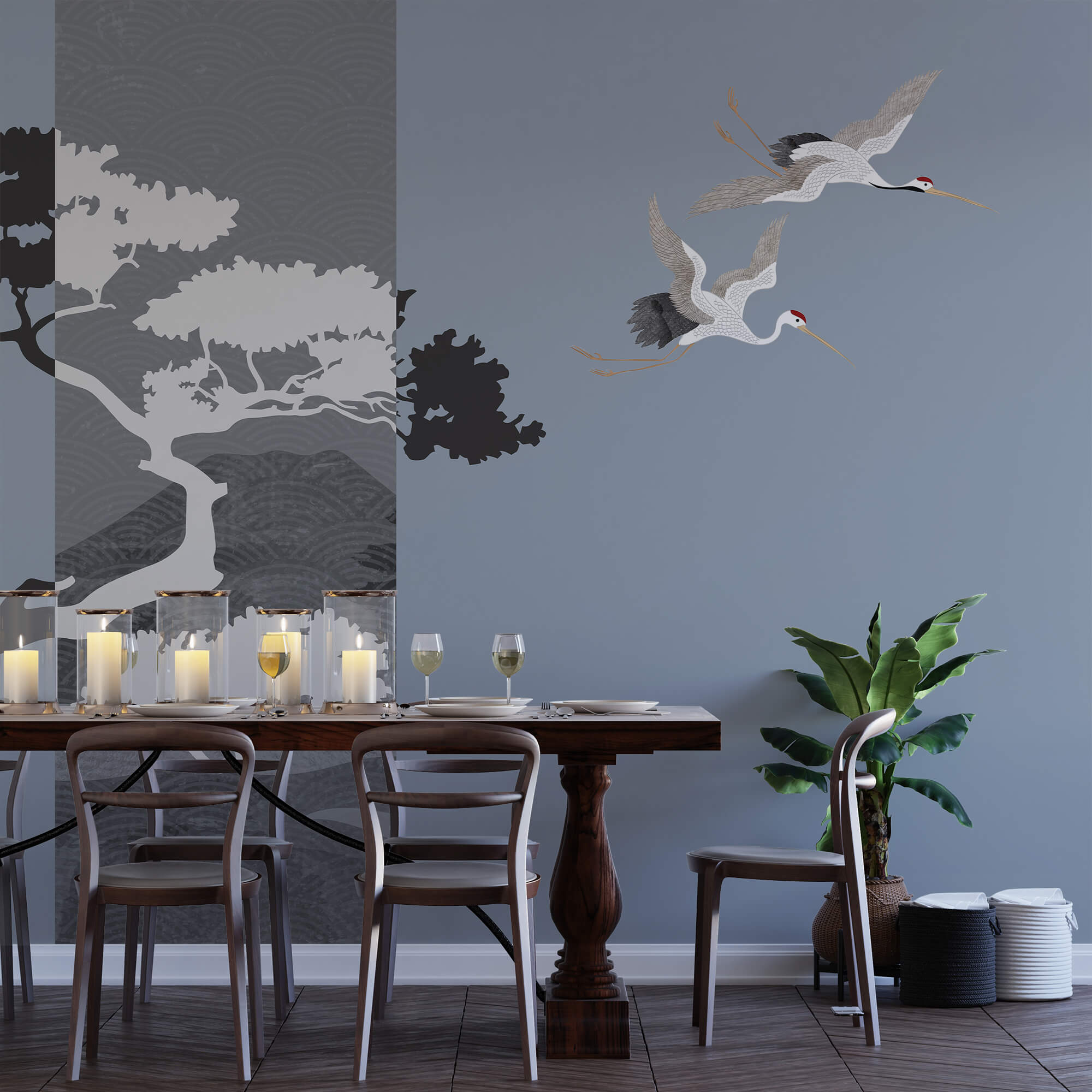 Pár žeriavov letiacich vedľa stromu