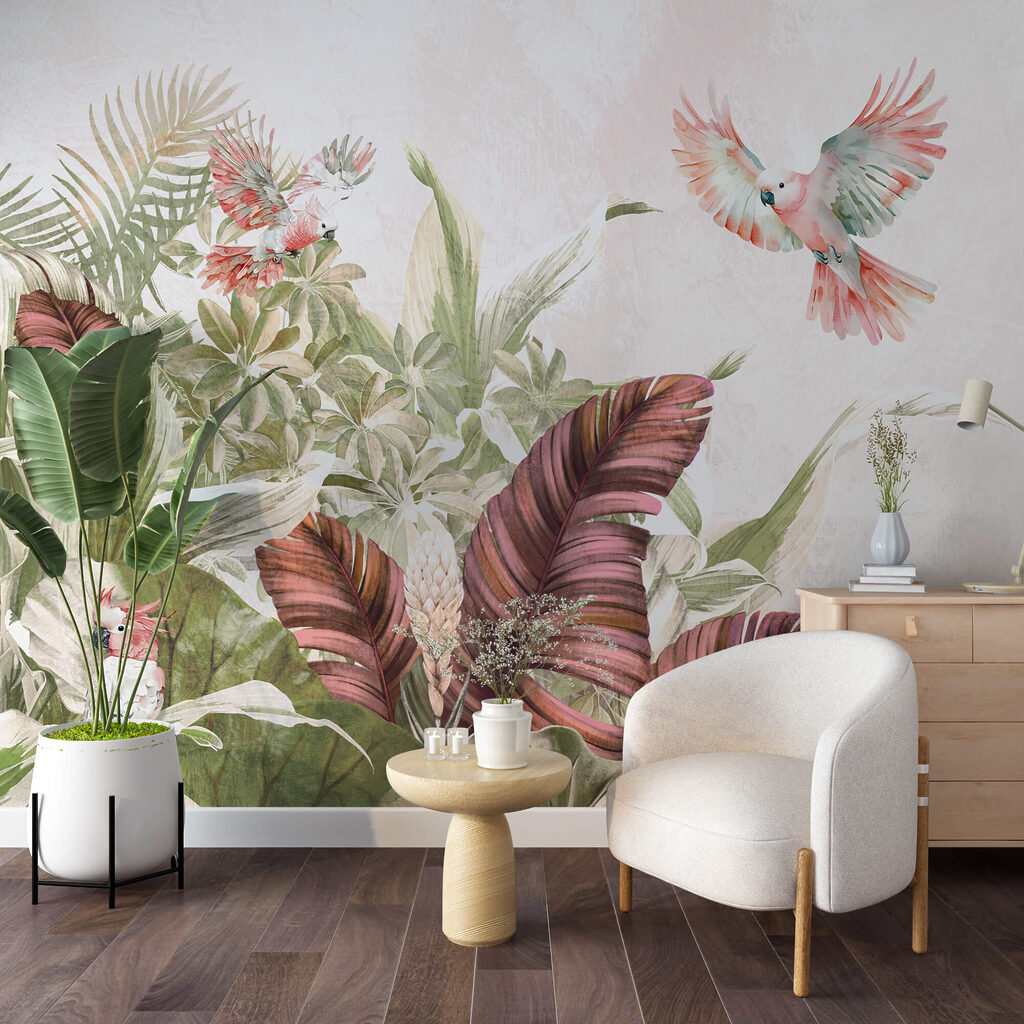 Maľba vtákov letiacich nad rastlinou Maľba vtákov letiacich nad rastlinou