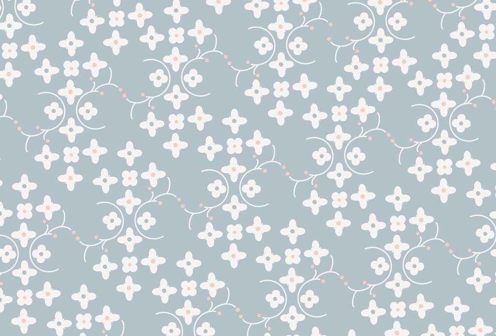 Pattern of white flowers and pink dots on a blue background