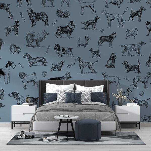 Skupina psov na modrom pozadí