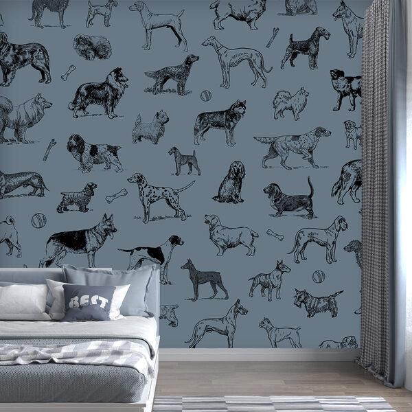 Skupina psov na modrom pozadí