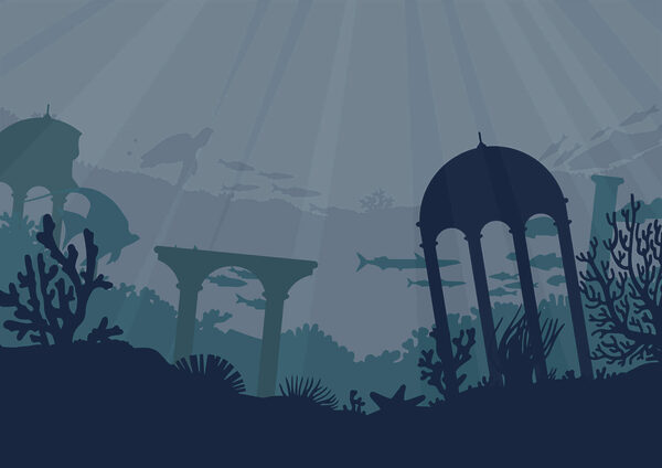 Silhouette of a building and sea plants Silhouette of a building and sea plants