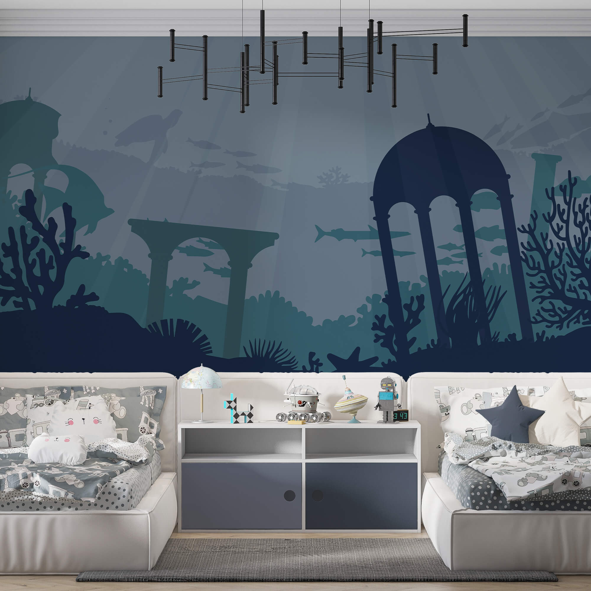 Silueta budovy a morských rastlín Silueta budovy a morských rastlín