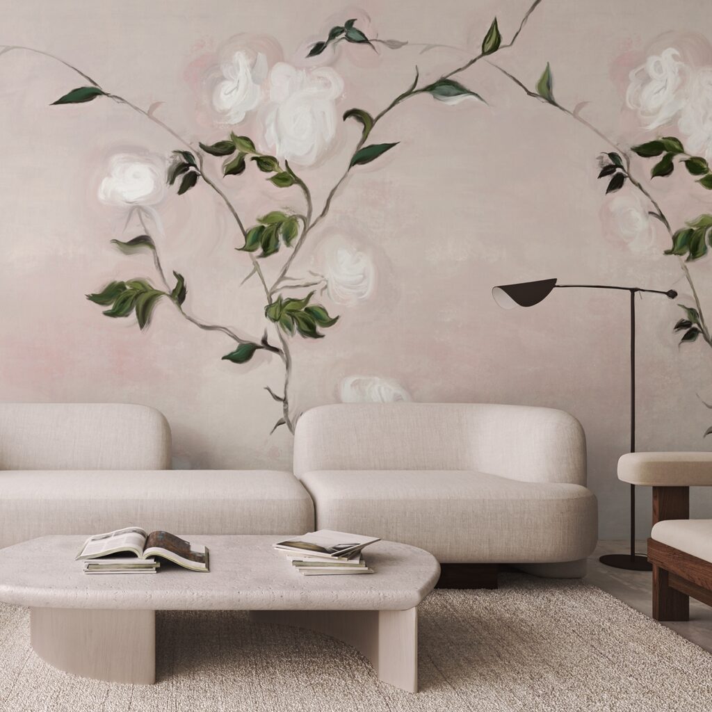 Maľba vetvy s bielymi kvetmi a zelenými listami