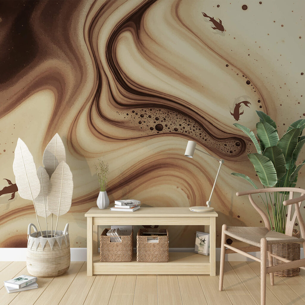 Hnedé a biele vírivé vlny so siluetami rýb