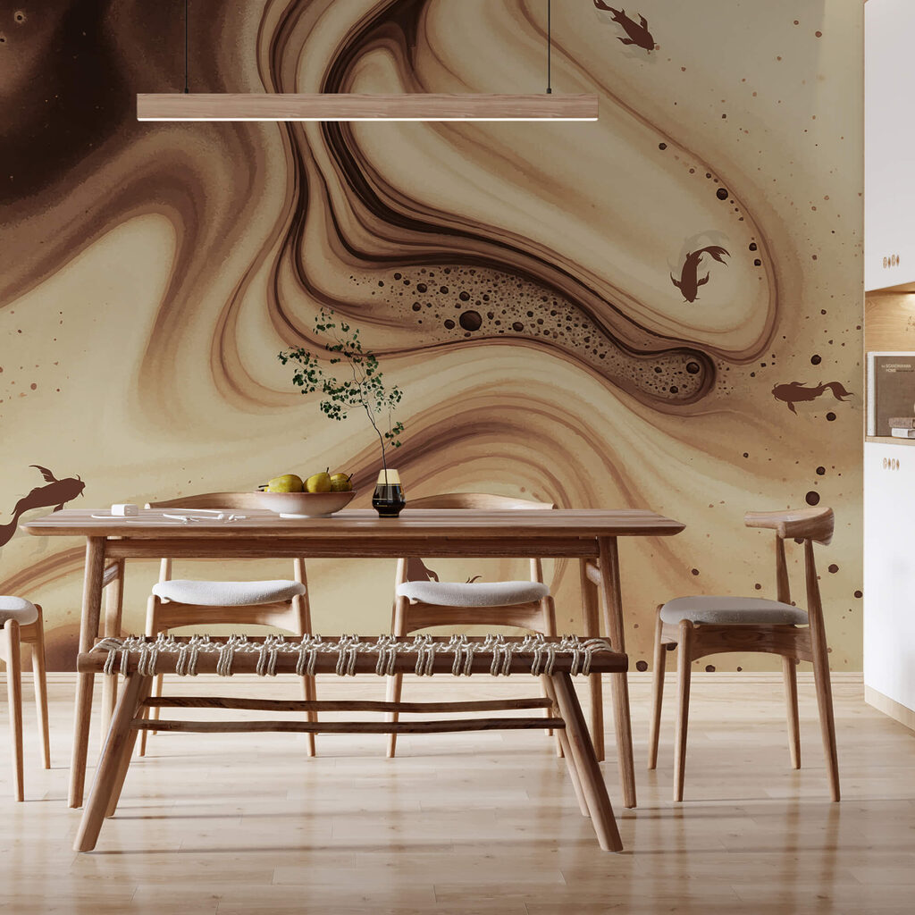 Hnedé a biele vírivé vlny so siluetami rýb