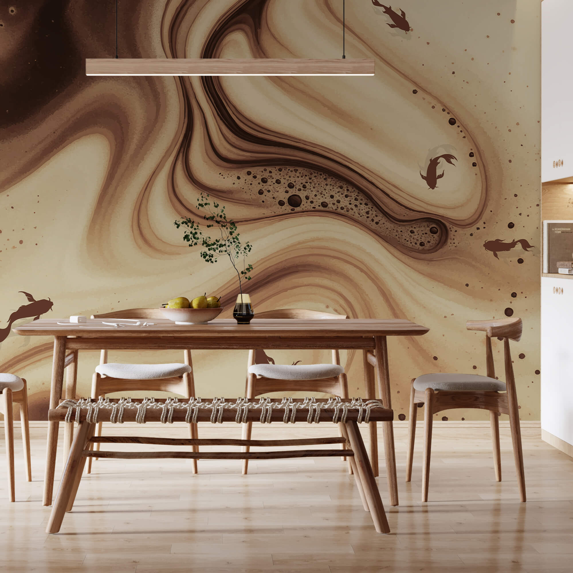 Hnedé a biele vírivé vlny so siluetami rýb