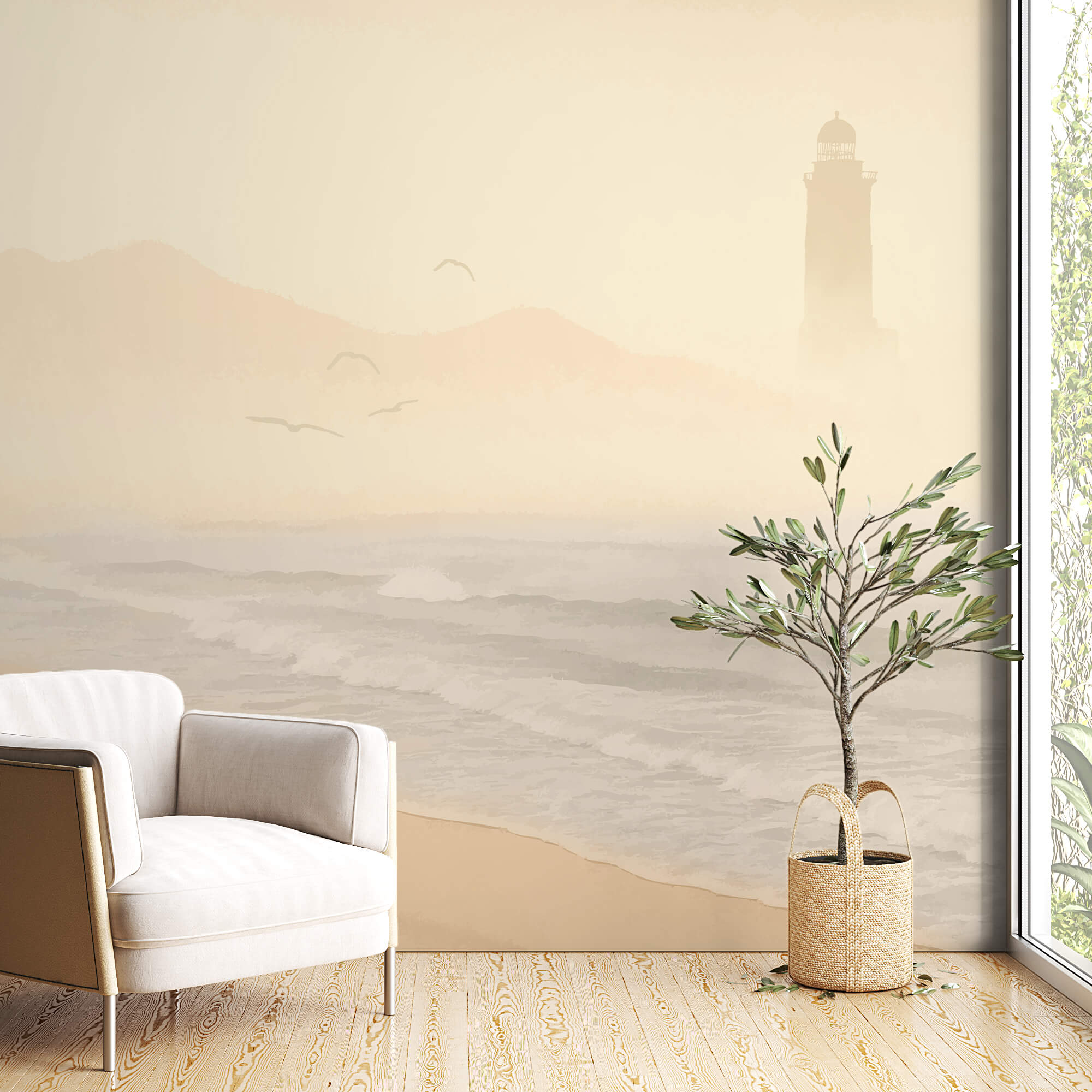 Pláž s vlnami a vtákmi Pláž s vlnami a vtákmi