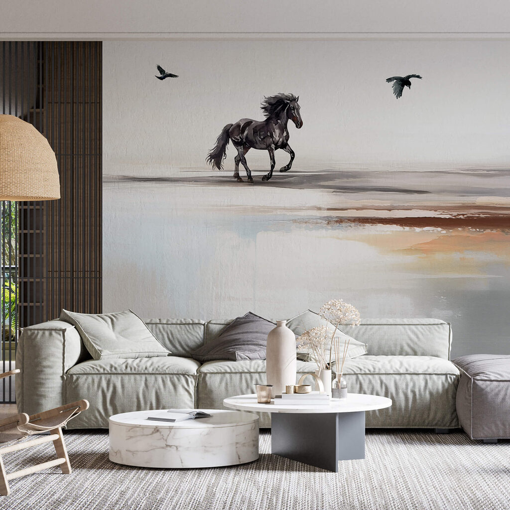 Maľba koňa bežiaceho po pláži s lietajúcimi vtákmi