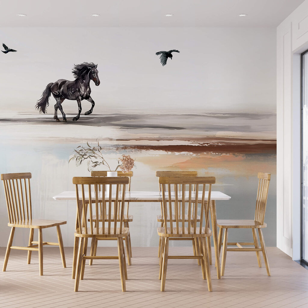 Maľba koňa bežiaceho po pláži s lietajúcimi vtákmi