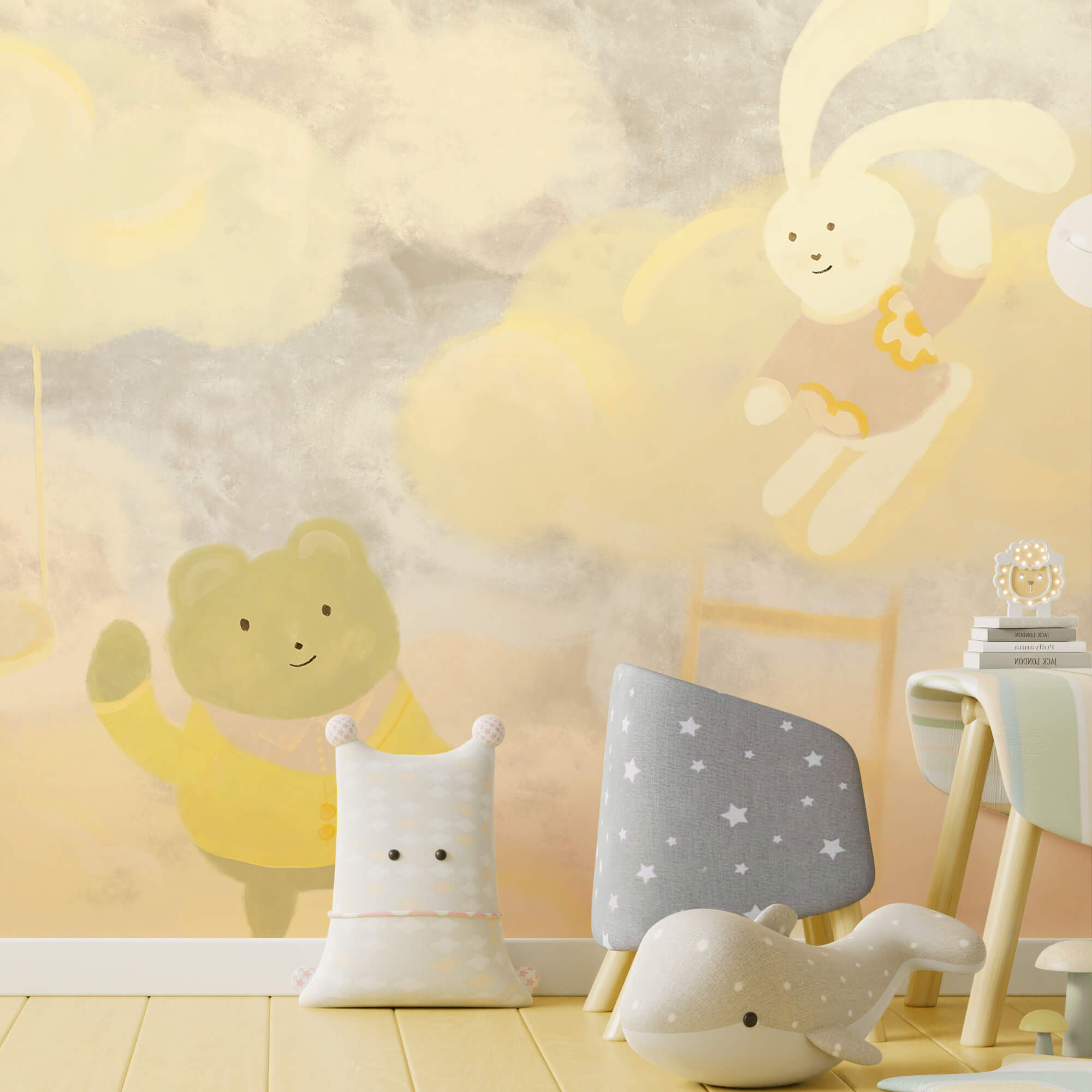 Kreslený medveď a zajačik v oblakoch Kreslený medveď a zajačik v oblakoch