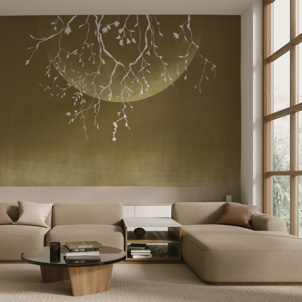 Konáre stromu s listami a mesiacom