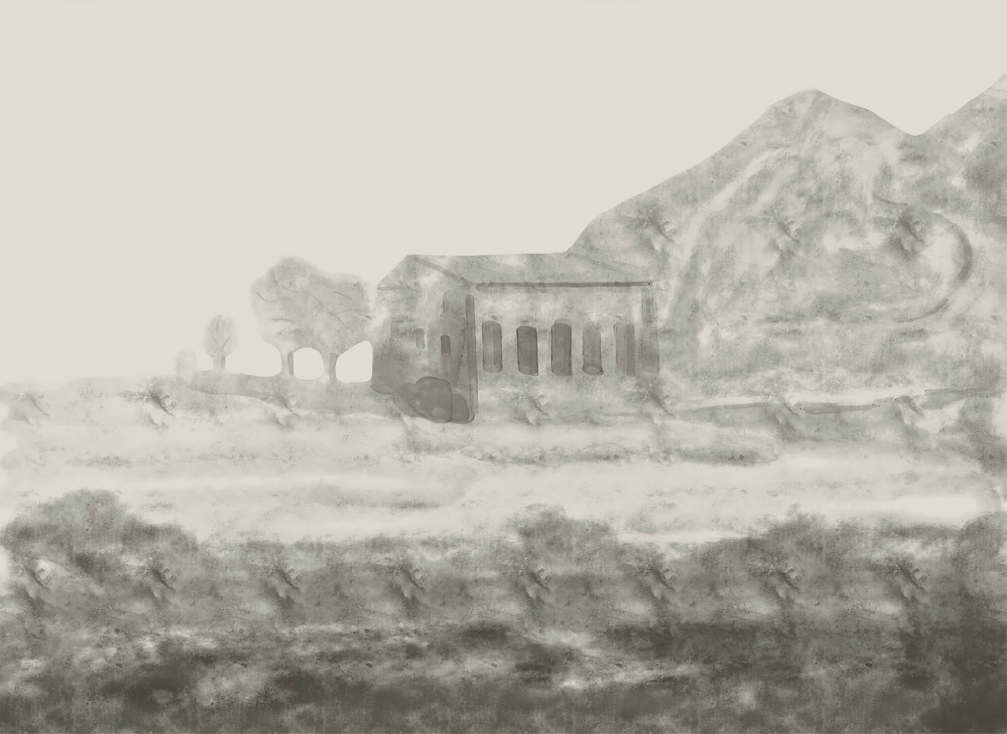 Drawing of a building and a mountain
