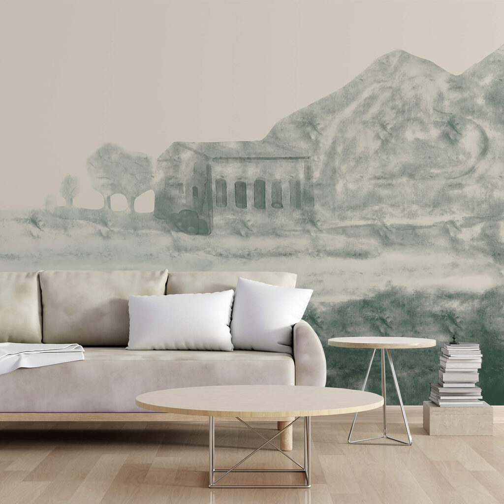 Maľba budovy a hory Maľba budovy a hory