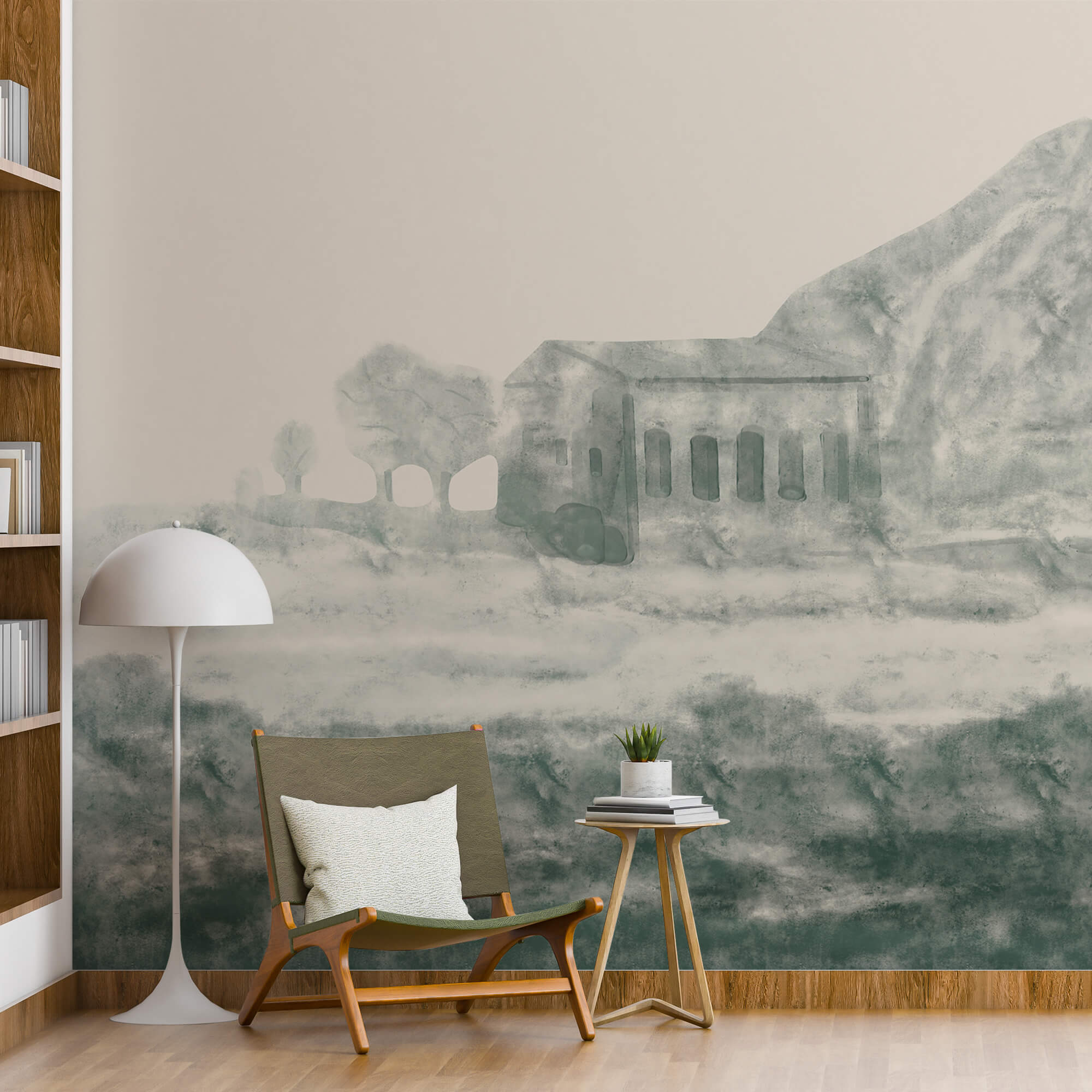 Maľba budovy a hory Maľba budovy a hory