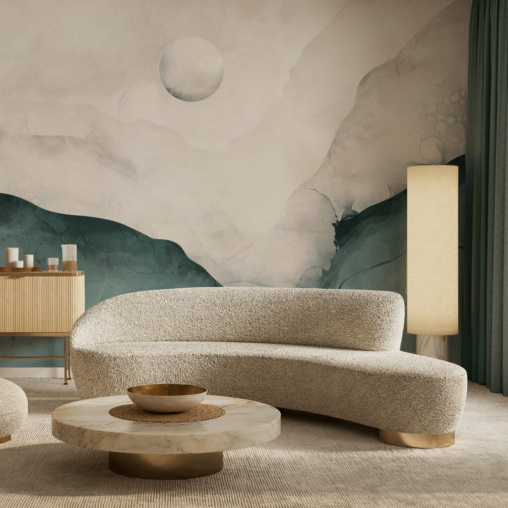 Maľba hory s mesiacom na oblohe