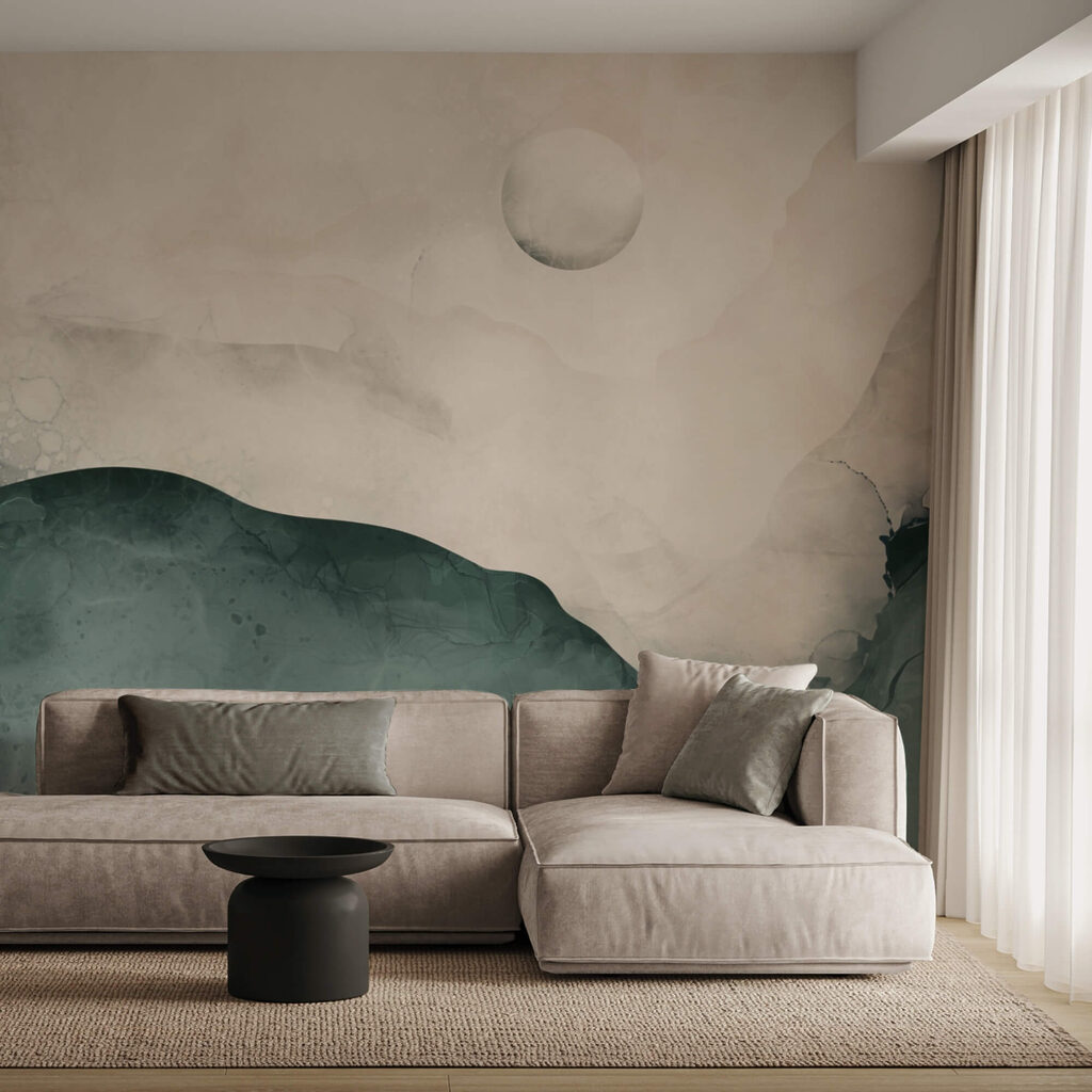 Maľba hory s mesiacom na oblohe