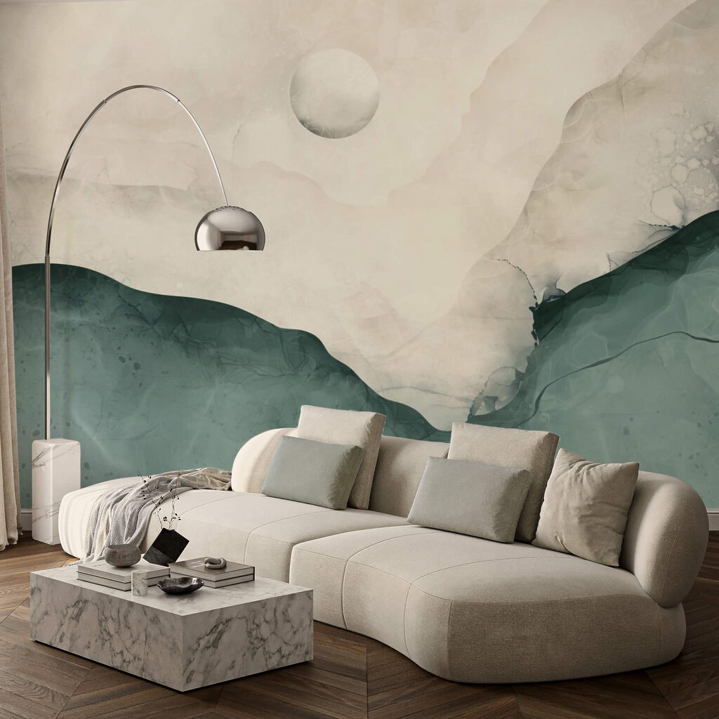 Maľba hory s mesiacom na oblohe