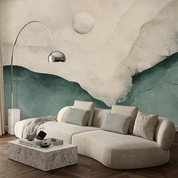 Maľba hory s mesiacom na oblohe